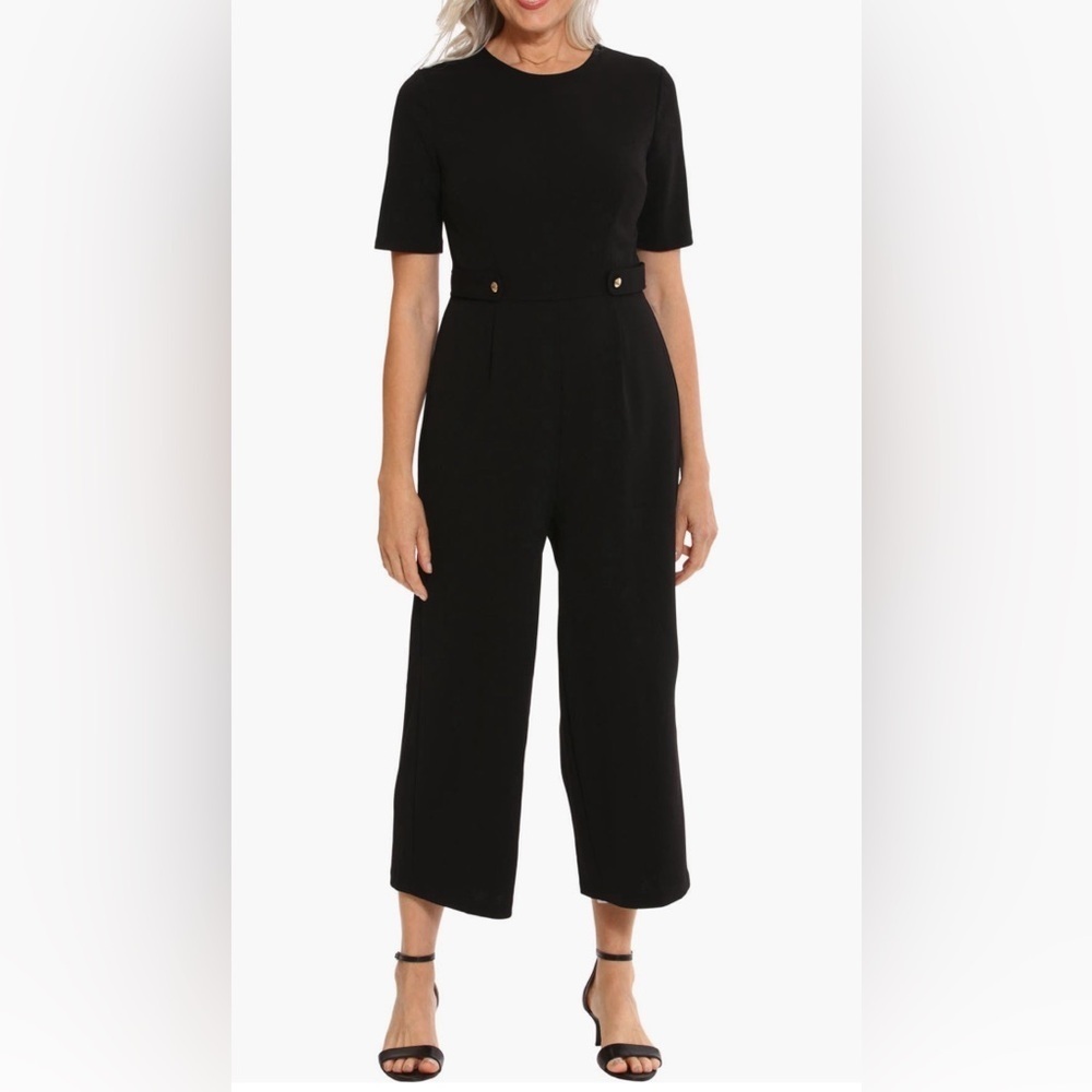 LONDON TIMES women black short sleeve waist tab crop black jumpsuit/size 10